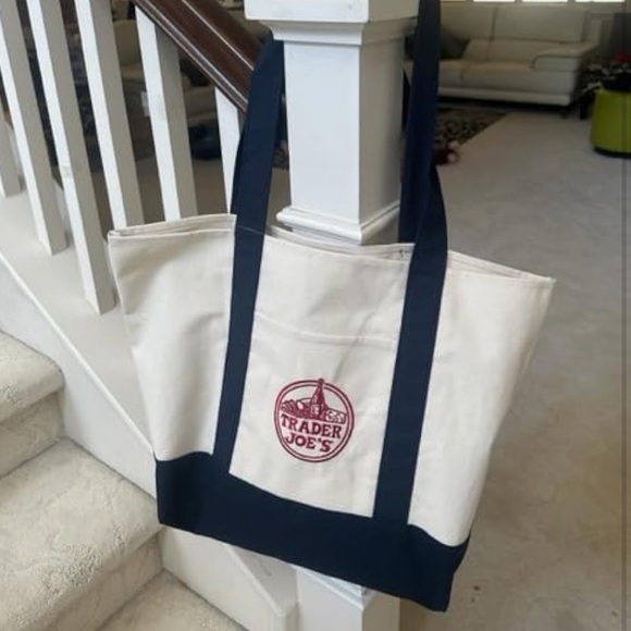 NWT Large Trader Joe's Shopping Tote Bag Book Bag Cotton Canvas Embroided - Picture 2 of 3